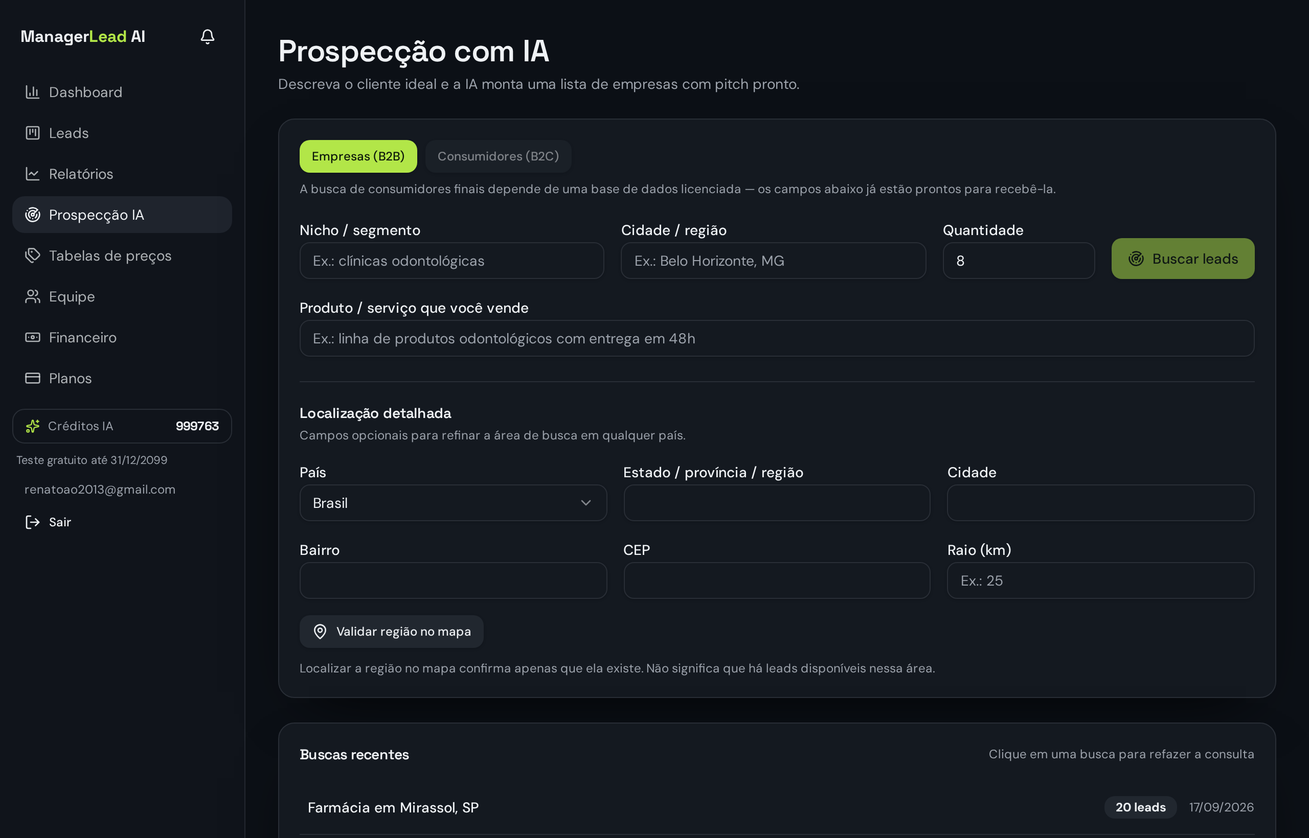 Tela de prospecção com IA do Manager Lead