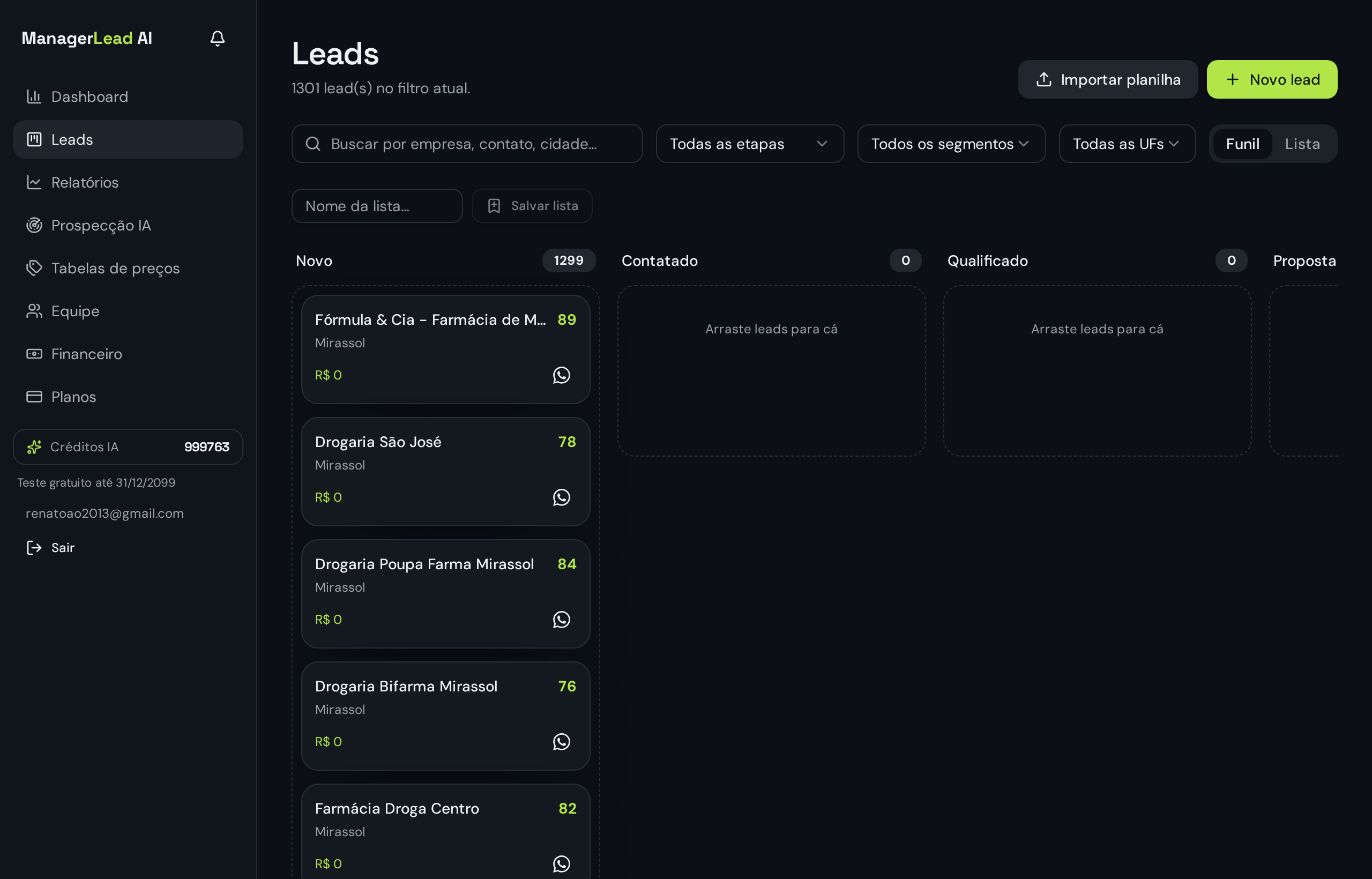 Funil kanban de leads do Manager Lead